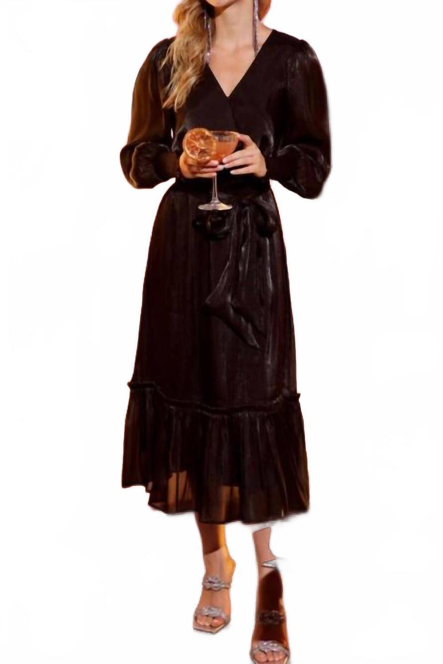 NEW BLU PEPPER wrap belted long bishop sleeve midi dress in black